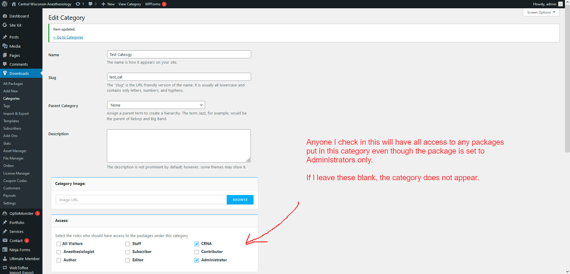 Category is set to allow Administrators and CRNAs to view documents and download