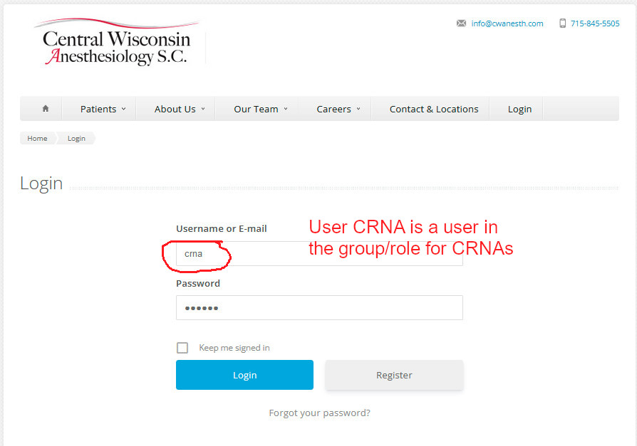 Now I logout as Admin and log in as crna with the crna role.